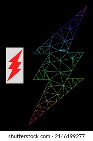Spectral gradient net electric spark icon. Geometric frame flat net based on electric spark icon, generated with polygonal mesh framework, with rainbow gradient.