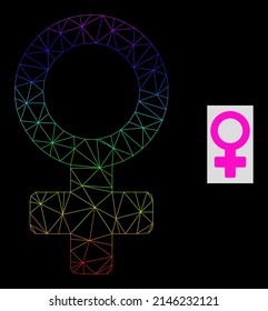 Symbol für das weibliche Symbol des Spektralgrades. Geometrisches Rahmenflachnetz auf der Grundlage eines weiblichen Symbols, erzeugt aus einem dreieckigen Netz, mit Spektralgradienten.