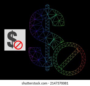 Icono de dólar prohibido neto de gradiente espectral. Red plana de canal geométrica basada en un icono de dólar prohibido, generado con canal de malla poligonal, con gradiente de espectro.
