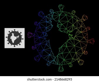 Icono de coronavirus indio de gradiente espectral. La red plana de canales geométricos se basa en el icono del coronavirus indio, generado con red de malla poligonal, con gradiente de espectro.
