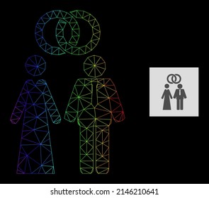 Spectral gradient net marriage persons icon. Geometric frame 2D network based on marriage persons icon, generated with triangle mesh net, with spectral gradient.