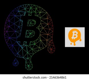 Spectral gradient net melting bitcoin icon. Geometric carcass 2D net based on melting bitcoin icon, generated from triangle mesh carcass, with spectral gradient.