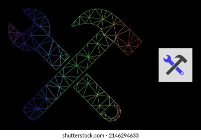 Icono de herramientas de servicio de red de degradado espectral. Red plana de canal geométrica basada en el icono de herramientas de servicio, generada con marco de malla triangular, con gradiente espectral.