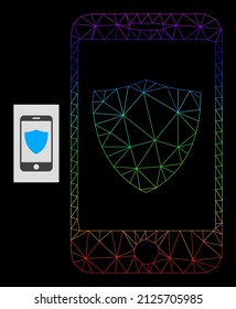 Spectral gradient net smartphone shield icon. Geometric carcass flat net based on smartphone shield icon, generated with triangular mesh net, with spectrum gradient.