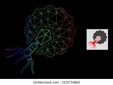 Icono de celda de la infección por virus neto de gradiente espectral. Red plana de marco geométrico basada en el icono de célula infectante de virus, generado con red de malla triangular, con gradiente espectral.