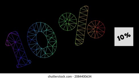 Spectral gradient network 10 percents icon. Geometric frame 2D net based on 10 percents icon, generated with triangle mesh carcass, with spectral gradient.