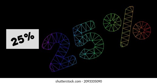 Spectral gradient network 25 percents icon. Geometric frame 2D network based on 25 percents icon, generated with triangular mesh network, with spectral gradient.