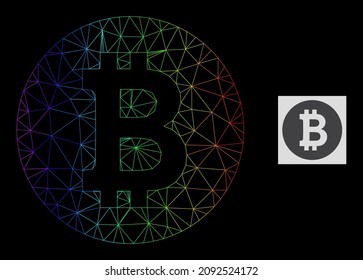Spectral gradient network bitcoin coin icon. Geometric carcass 2D network is based on bitcoin coin icon, generated from polygonal mesh carcass, with spectral gradient.