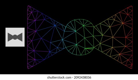 Spectral gradient network bow tie icon. Geometric carcass 2D network based on bow tie icon, generated with triangular mesh carcass, with spectral gradient.