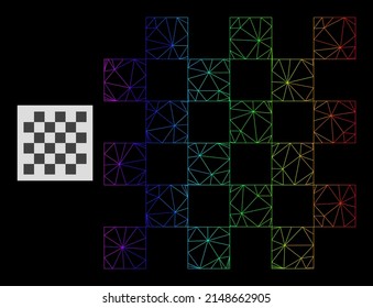 Spectral gradient network chess board icon. Geometric carcass flat network based on chess board icon, generated with polygonal mesh carcass, with spectrum gradient.