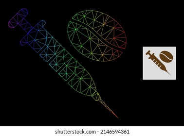 Spectral gradient network coffein syringe icon. Geometric frame 2D network based on coffein syringe icon, generated with triangular mesh carcass, with spectral gradient.