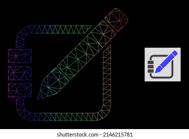Icono de edición de registros de red de degradado espectral. Red 2D de canal geométrica basada en el icono de los registros de edición, generado a partir de la red de malla triangular, con gradiente espectral.