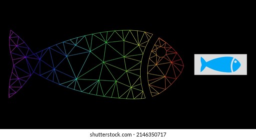 Icono de pez de red de degradado espectral. La red plana de marco geométrico se basa en el icono de pescado, generado con red de malla poligonal, con gradiente de arco iris.