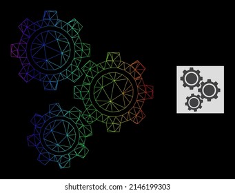 Icono de engranajes de red de gradiente espectral. La red plana de marco geométrico se basa en el icono de los engranajes, generado con la carcasa de malla triangular, con gradiente espectral.