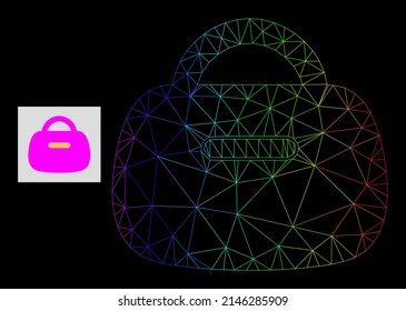 Spectral gradient network handbag icon. Geometric frame 2D net based on handbag icon, generated with triangle mesh network, with spectral gradient.