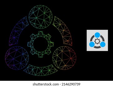 Spectral gradient network industrial collaboration icon. Geometric carcass flat network is based on industrial collaboration icon, generated with triangular mesh carcass, with spectrum gradient.