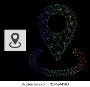 Spectral gradient network location icon. Geometric frame flat network is based on location icon, generated with triangular mesh network, with spectrum gradient.