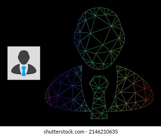 Spectral gradient network manager icon. Geometric frame flat net based on manager icon, generated with triangular mesh network, with rainbow gradient.