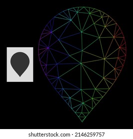 Spectral gradient network map pointer icon. Geometric carcass flat network based on map pointer icon, generated from triangular mesh network, with spectrum gradient.