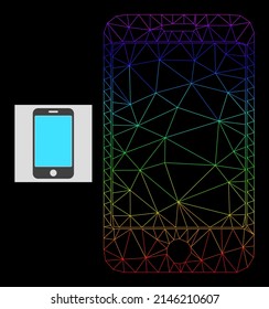 Spectral Gradient Network Phone Screen Icon. Geometric Frame 2D Net Based On Phone Screen Icon, Generated With Polygonal Mesh Network, With Spectral Gradient.