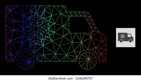 Spektrale Farbverlauf-Netzwerk Kühlschrank Auto Symbol. Geometrisches Flachnetz basiert auf einem Kühlschranksymbol, das mit polygonalem Maschennetz mit Farbverlauf-Gefälle erzeugt wird.
