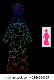 Spectral Gradient Network Sad Woman Icon. Geometric Carcass Flat Network Is Based On Sad Woman Icon, Generated With Triangular Mesh Framework, With Spectral Gradient.