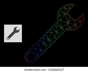 Spectral gradient network spanner icon. Geometric carcass 2D network based on spanner icon, generated with triangular mesh carcass, with spectral gradient.