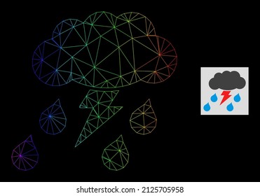 Spectral gradient network thunderstorm icon. Geometric frame 2D network based on thunderstorm icon, generated with triangular mesh carcass, with spectral gradient.