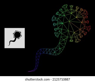 Icono de virus de red de degradado espectral. Red 2D de canal geométrica basada en el icono del virus del virión, generada con red de malla triangular, con gradiente espectral.