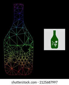 Spectral gradient network wine bottle icon. Geometric carcass flat network based on wine bottle icon, generated with polygonal mesh net, with spectral gradient.