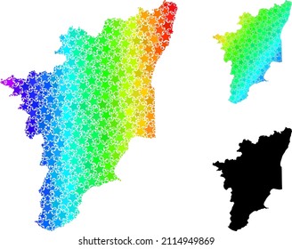 Spectral gradient star collage map of Tamil Nadu State. Vector colorful map of Tamil Nadu State with rainbow gradients.