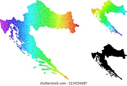 Spektrale Farbverlauf-Sternenkollektion von Kroatien. Vektorfarbige Karte von Kroatien mit spektralen Farbverläufen. Die Mosaikkarte der Kroatischen Collage ist mit zufälligen, farbigen Sternelementen gestaltet.
