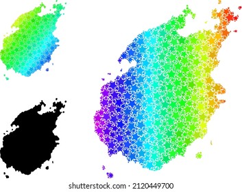 Mapa del collage de estrellas de gradientes espectrales de la isla de Paros. Mapa vibrante vectorial de la isla de Paros con gradientes espectrales. El mapa mosaico del collage de la isla de Paros se hace a partir de elementos estrella de colores dispersos.