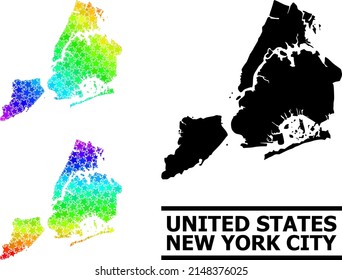Spectral gradient star collage map of New York City. Vector colored map of New York City with spectral gradients. Mosaic map of New York City collage is composed with random color star elements.