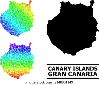 Mapa espectral de estrellas de gradiente de Gran Canaria. Mapa vectorial colorido de Gran Canaria con gradientes espectrales. El mapa mosaico del collage de Gran Canaria está hecho de coloridas y caóticas partes de estrellas.