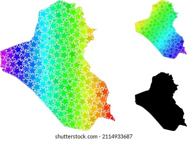 Spectral gradient star mosaic map of Iraq. Vector vibrant map of Iraq with spectral gradients. Mosaic map of Iraq collage is composed of scattered colored star items.