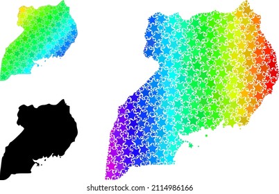 Spectral gradient star mosaic map of Uganda. Vector colorful map of Uganda with rainbow gradients. Mosaic map of Uganda collage is made from scattered colored star elements.