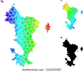 Spectral gradient star mosaic map of Mayotte Islands. Vector colorful map of Mayotte Islands with rainbow gradients.