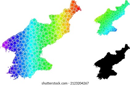 Spectral gradient star mosaic map of North Korea. Vector vibrant map of North Korea with spectrum gradients. Mosaic map of North Korea collage is organized with chaotic colorful star items.