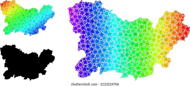 Spectral gradient star mosaic map of Ourense Province. Vector colorful map of Ourense Province with spectral gradients. Mosaic map of Ourense Province collage is created with random color star items.
