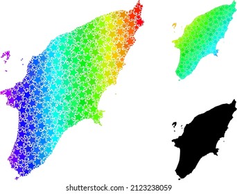Mapa de mosaico de estrellas de gradiente espectral de la isla de Rodas. Mapa de color vectorial de la isla de Rodas con gradientes espectrales. El mapa mosaico del collage de la isla de Rodas se crea con elementos estrella coloridos y caóticos.