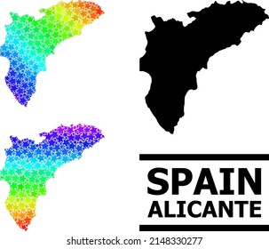 Spectral gradient star mosaic map of Alicante Province. Vector vibrant map of Alicante Province with spectral gradients.
