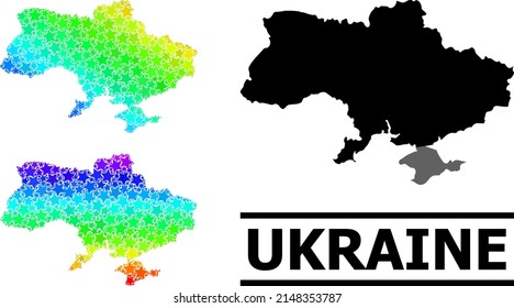 Spectral gradient star mosaic map of Ukraine. Vector colorful map of Ukraine with spectral gradients. Mosaic map of Ukraine collage is designed of scattered colorful star elements.