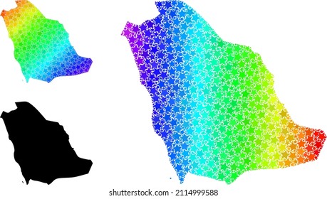 Gradiente espectral estelarizado mapa de mosaicos de Arabia Saudita. Mapa de Arabia Saudita de color vectorial con gradientes espectrales. El mapa mosaico del collage de Arabia Saudita se construye con partes de estrellas de color al azar.