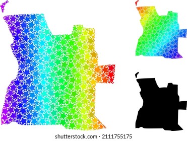 Mapa de collage de estrellas de gradiente espectral de Angola. Mapa vectorial colorido de Angola con gradientes espectrales. El mapa mosaico del collage de Angola está compuesto por partes de estrellas de colores dispersos.