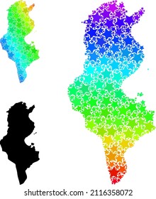 Spectral gradient stars collage map of Tunisia. Vector colored map of Tunisia with spectral gradients. Mosaic map of Tunisia collage is organized from random colored star items.