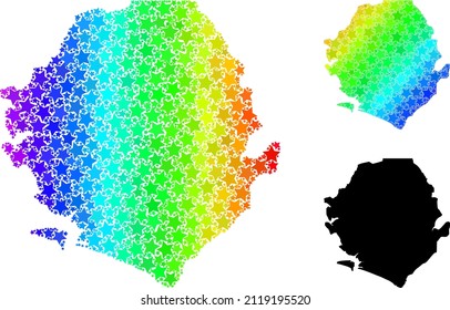 Spectral gradient stars collage map of Sierra Leone. Vector colored map of Sierra Leone with spectrum gradients. Mosaic map of Sierra Leone collage is designed with random colored star elements.