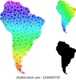 Mapa de collage de estrellas de gradiente espectral de Sudamérica. Mapa vectorial colorido de Sudamérica con gradientes espectrales. El mapa mosaico del collage de Sudamérica se construye con objetos estrella al azar y coloridos.
