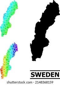 Mapa de collage de estrellas de gradiente espectral de Suecia. Mapa de Suecia de color vectorial con gradientes espectrales. El mapa mosaico del collage de Suecia se crea con partes de estrellas de color caóticas.