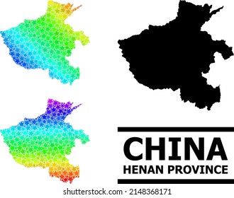 Spektrale Farbverlauf-Sterne Collage Karte der Provinz Henan. Vektorfarbige Karte der Provinz Henan mit spektralen Farbverläufen. Die Mosaikkarte der Provinz Henan wird mit zufälligen farbigen Sternen-Elementen erstellt.